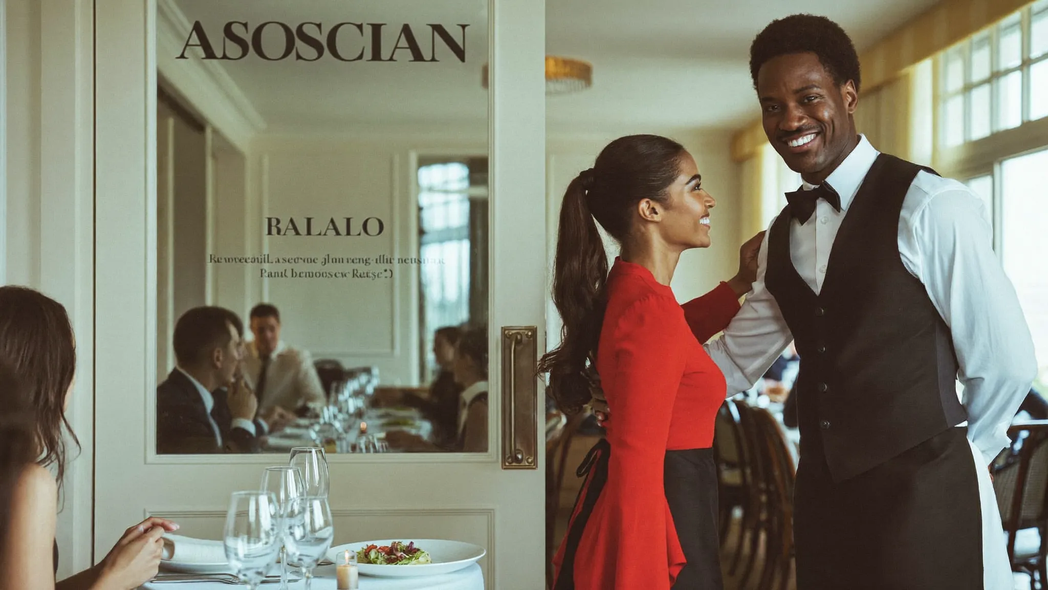 Server in fine dining uniform welcoming guests