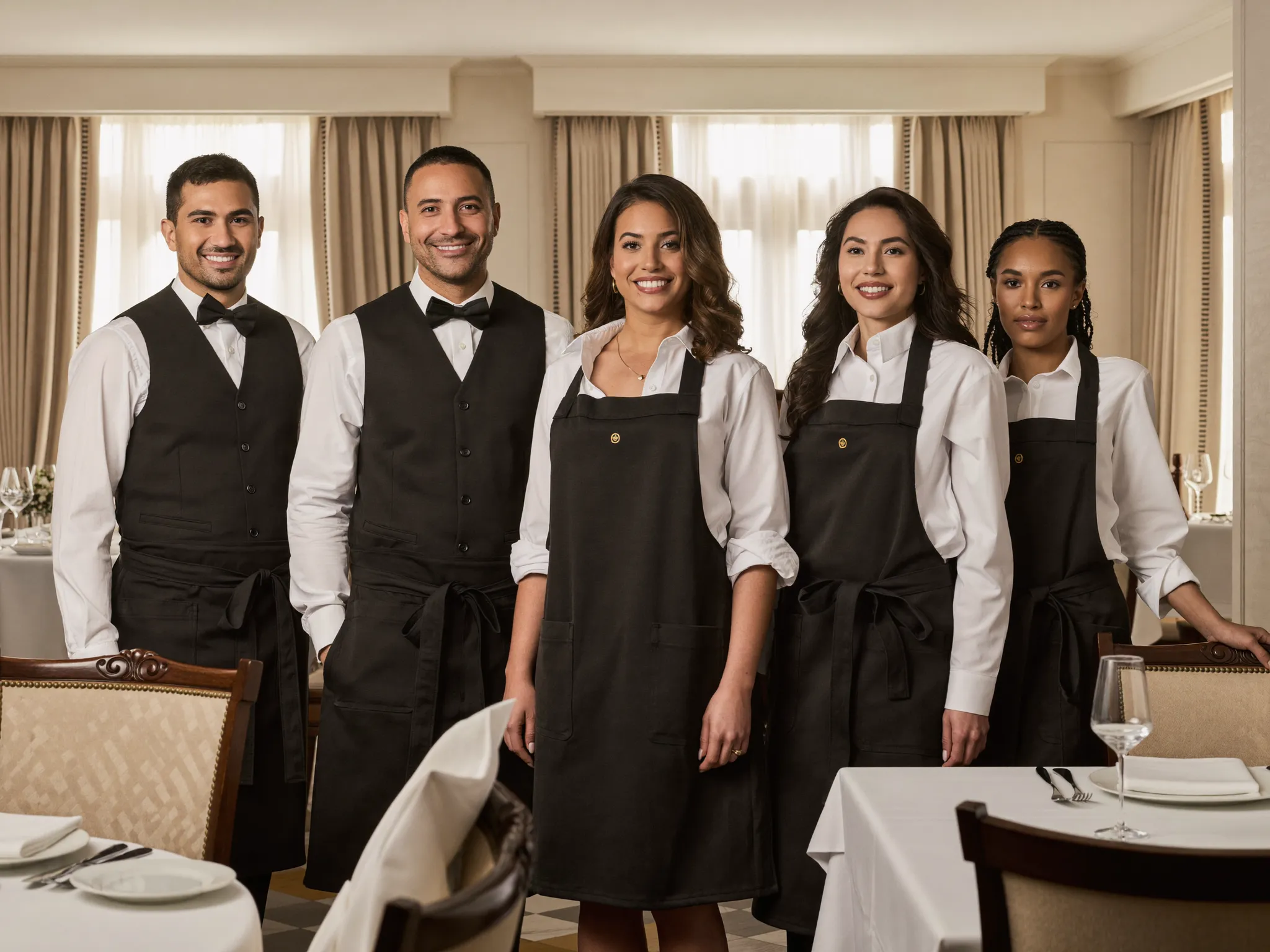 Trained restaurant service team in fine dining uniforms